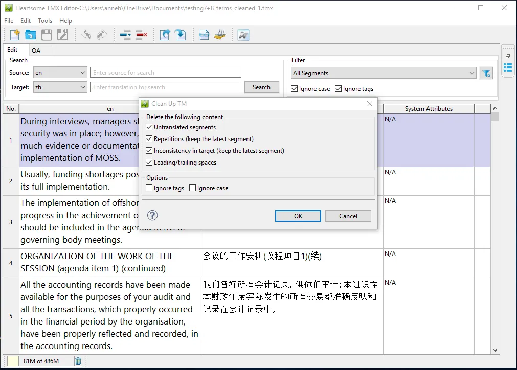 Heartsome TMX Editor interface