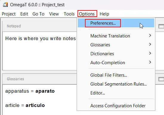 OmegaT Preferences Menu