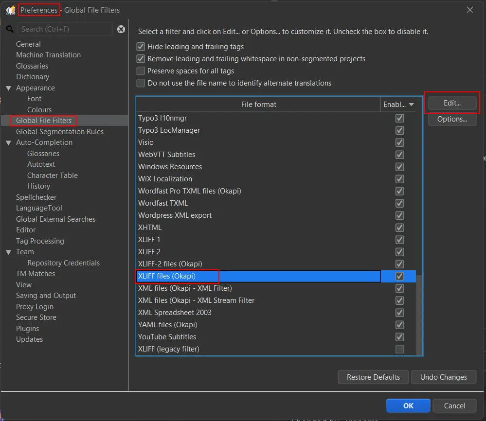 XLIFF Filter Selection